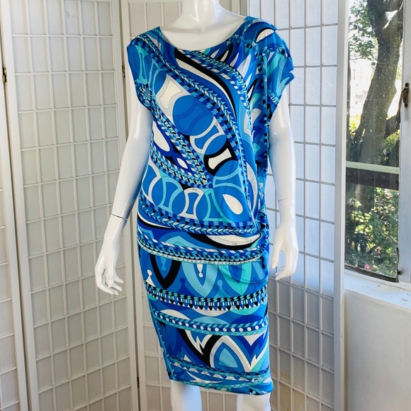 Emilio Pucci multi color blue jersey sheath dress,8.